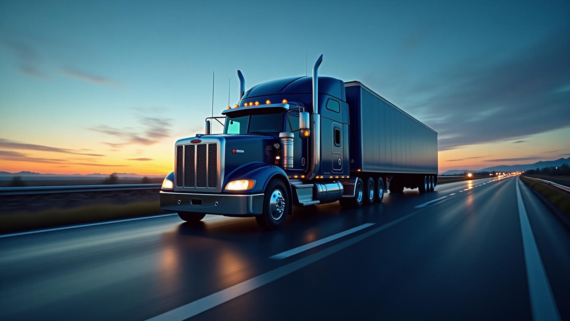 Modern heavy-duty truck driving through the Mid-Atlantic region during twilight